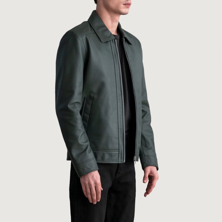 Mens Inferno Green Leather Jacket Side Pose-3-1724077635151